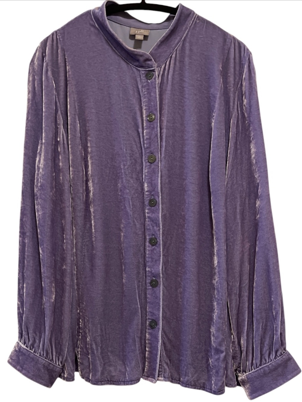J. Jill Purple Silk Blend Velvet Button Up Back Peplum Blouse Mandarin Collar XL